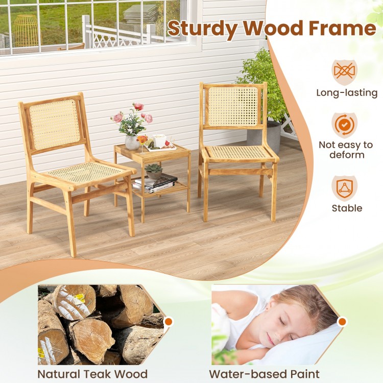 Rattan dining chair with natural cane backrest and teak wood frame, featuring a stable design for versatile decor.