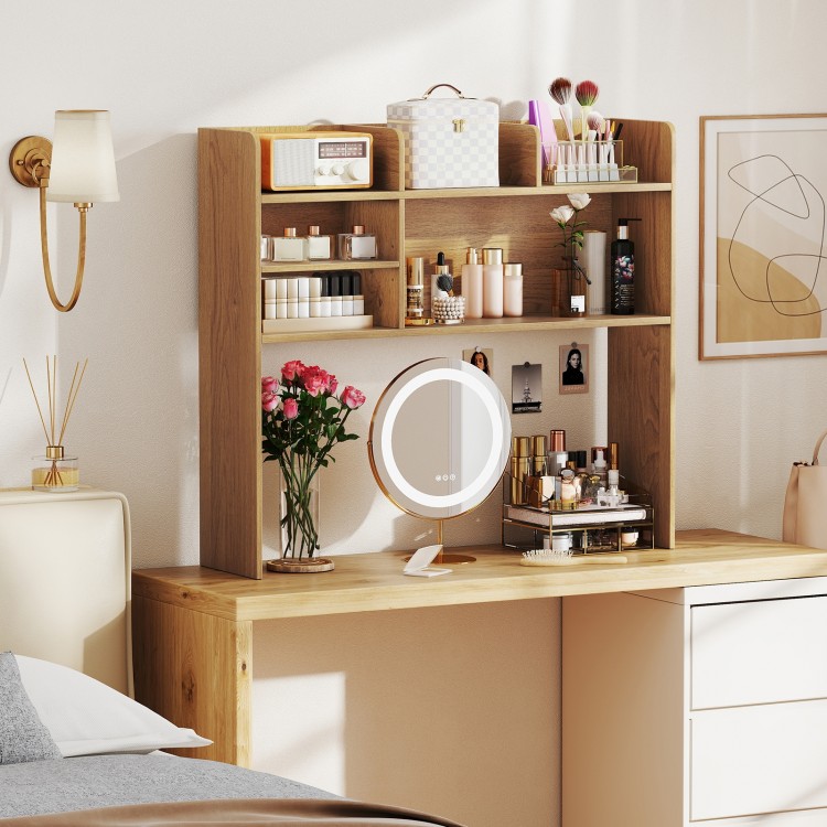 Desktop bookshelf hutch with 6 shelves in natural wood, ideal for displaying photos and organizing essentials.