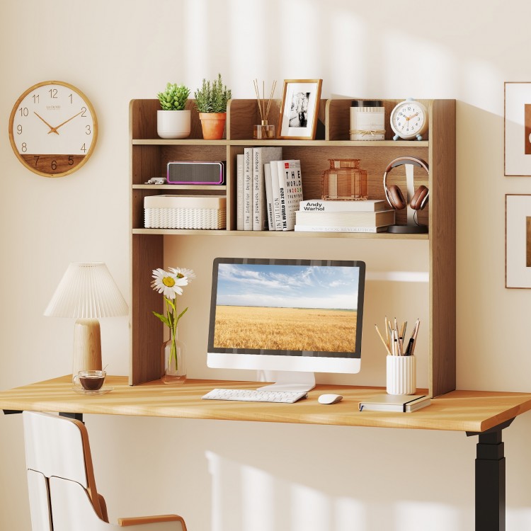 Desktop bookshelf hutch with 6 shelves in natural finish, ideal for displaying photos and organizing essentials.