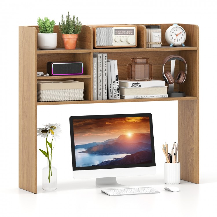 Desktop bookshelf hutch in natural wood with 6 shelves, ideal for organizing essentials in study or bedroom.