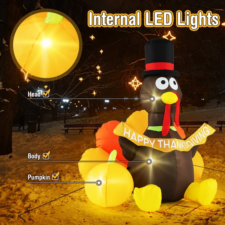 5 FT inflatable turkey with pumpkin and LED lights, featuring a "HAPPY THANKSGIVING" banner, perfect for festive decor.