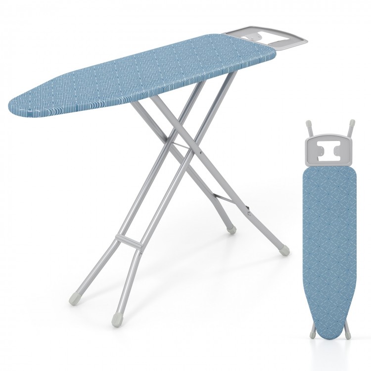 Full-size ironing board in blue with 7 height adjustments, removable cover, and convenient iron rest for easy storage.