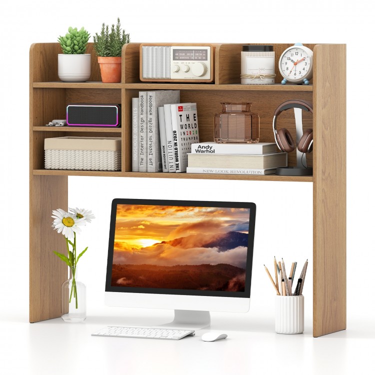 Desktop bookshelf hutch in natural finish with 6 shelves, perfect for displaying photos and storing essentials.