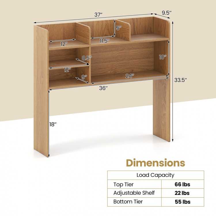 Desktop bookshelf hutch in natural finish with 6 shelves, featuring adjustable shelf and anti-tipping design for.