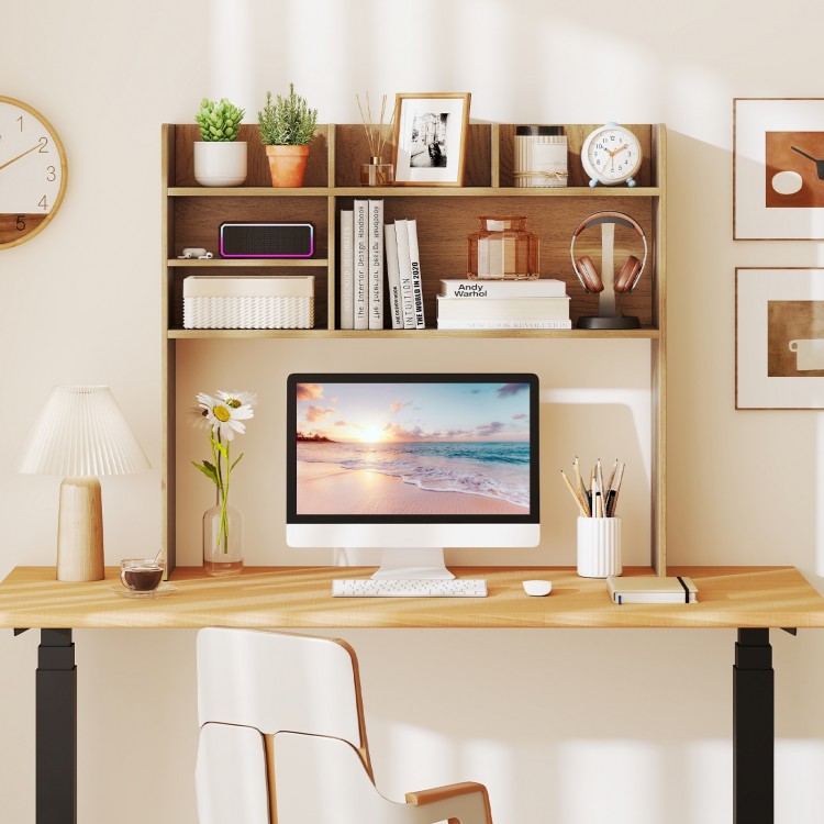 Desktop bookshelf hutch with 6 shelves in natural finish, perfect for displaying photos and organizing essentials.
