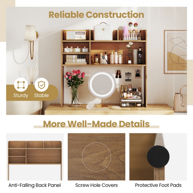 Desktop bookshelf with 6 shelves in natural finish, featuring adjustable shelf and anti-falling back panel for.