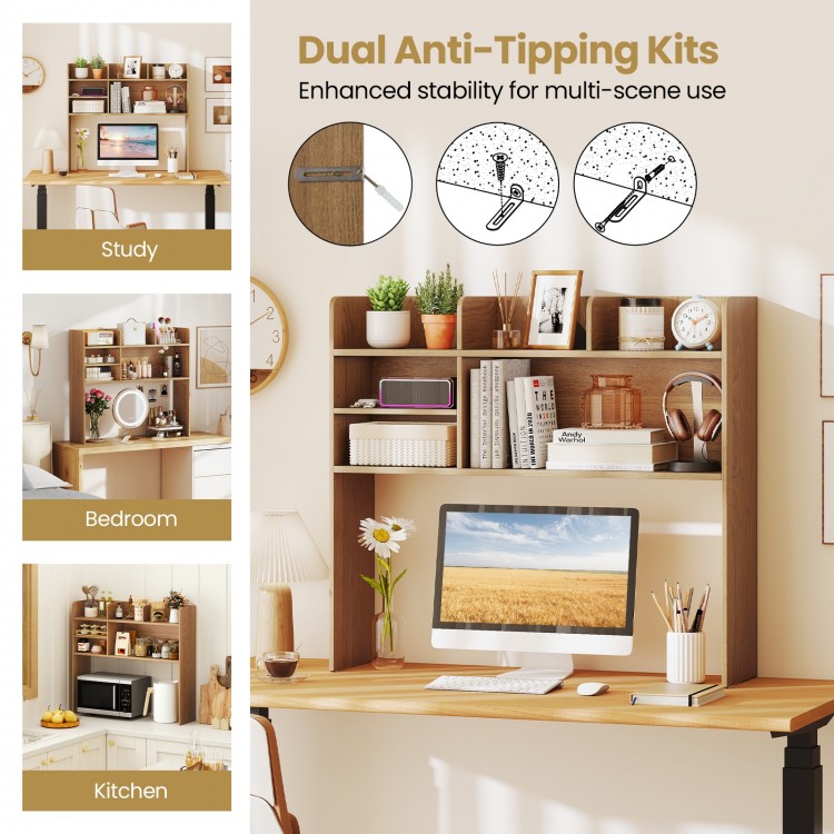 Desktop bookshelf with 6 shelves, adjustable storage, and dual anti-tipping kits for stability in study or kitchen use.