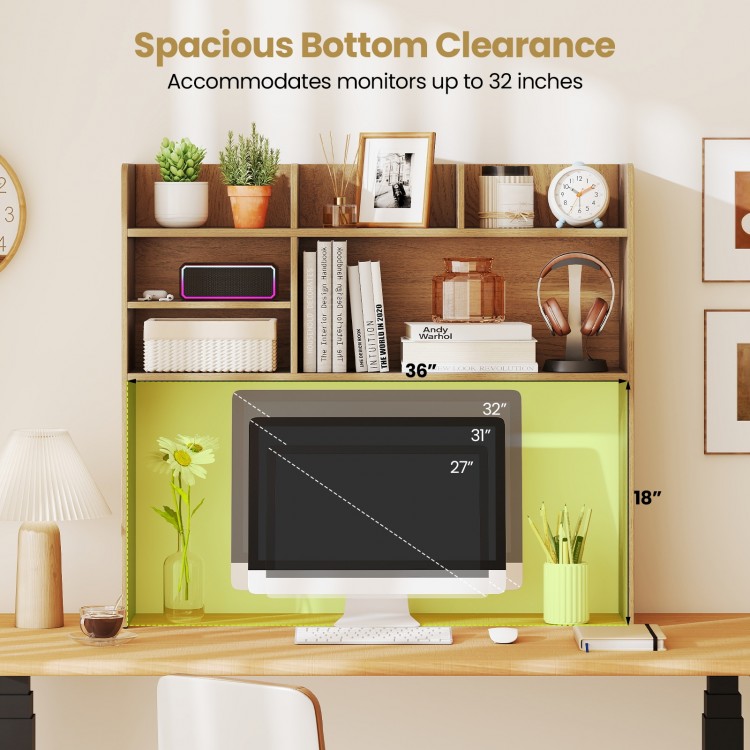 Desktop bookshelf hutch with 6 shelves, accommodating monitors up to 32 inches, ideal for study or bedroom use.