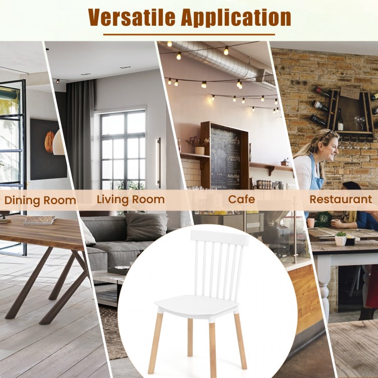 Set of 4 white Windsor dining chairs with spindle backs, ideal for kitchens, dining rooms, and restaurants.