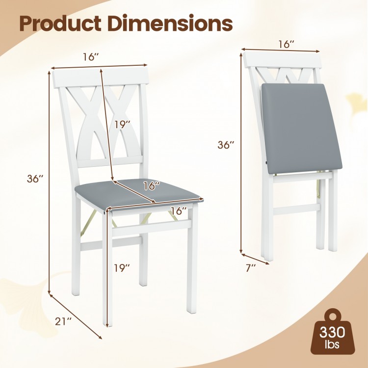 Dimensions of a white folding wooden dining chair with faux leather upholstery, ideal for small spaces, supports 330.