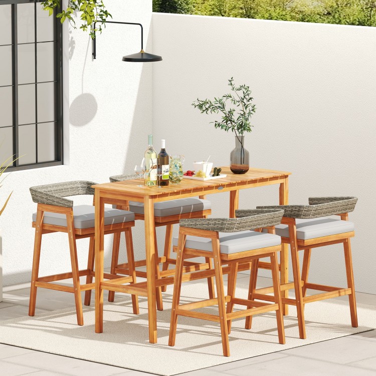 5-piece patio counter height bar set featuring solid acacia wood and 4 cushioned barstools, perfect for outdoor.
