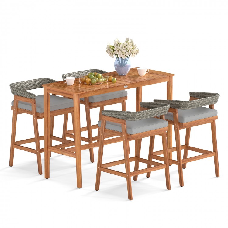 Patio counter height bar set with 4 cushioned barstools, made of acacia wood and PE rattan, perfect for outdoor.