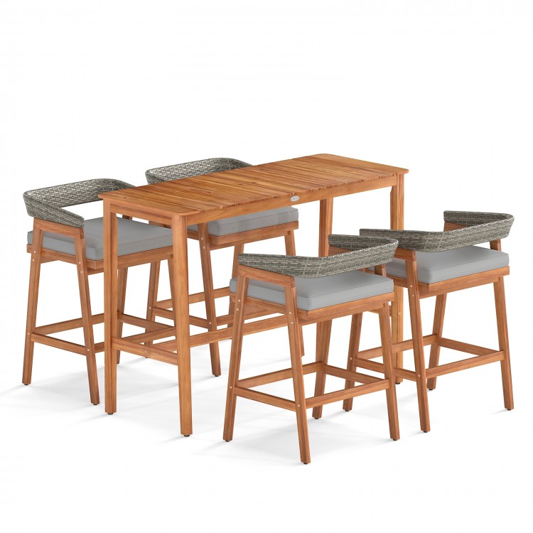 5-piece patio counter height bar set featuring solid acacia wood and 4 cushioned barstools for outdoor gatherings.