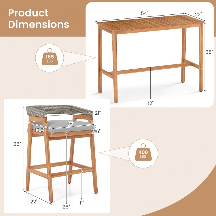 Dimensions of the 5-piece patio counter height bar set with solid acacia wood and cushioned barstools for outdoor use.