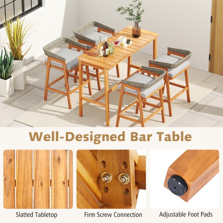 Patio counter height bar set featuring a solid acacia wood table and four cushioned barstools for outdoor gatherings.
