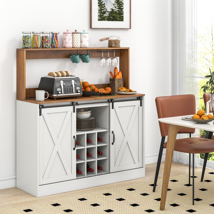 Farmhouse coffee bar cabinet in white with sliding barn doors, hutch, wine rack, and charging station for kitchen use.