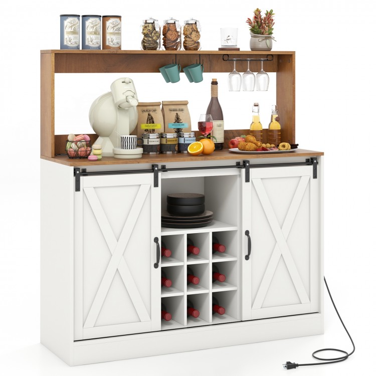 Farmhouse coffee bar cabinet featuring a hutch with storage and convenient cup hanging hooks for kitchen organization.