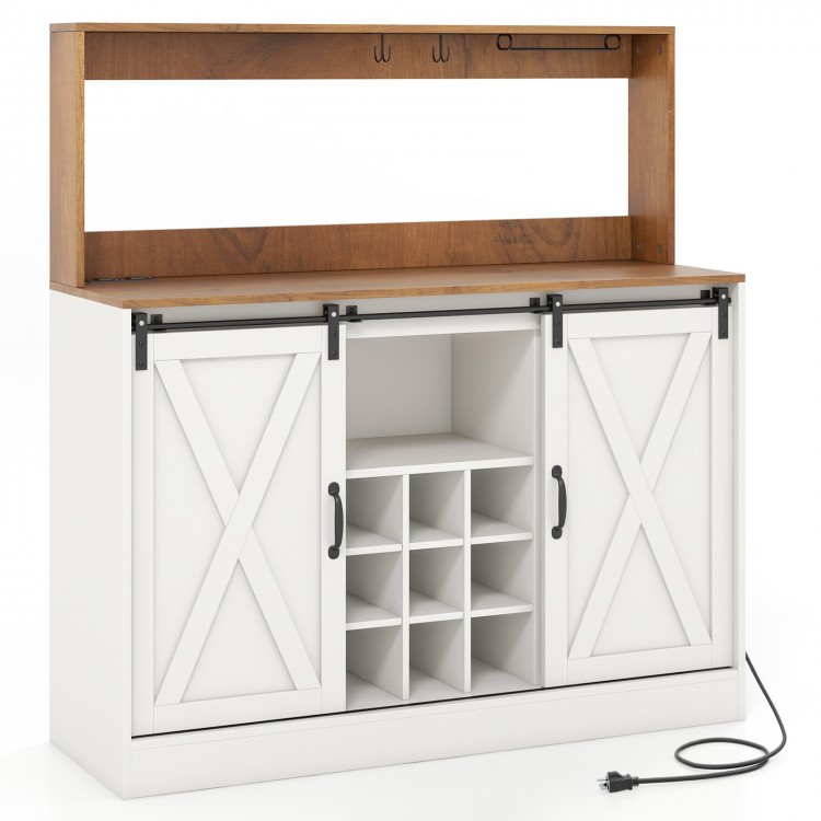 Farmhouse coffee bar cabinet in white with sliding barn doors, adjustable shelves, and charging station for versatile.