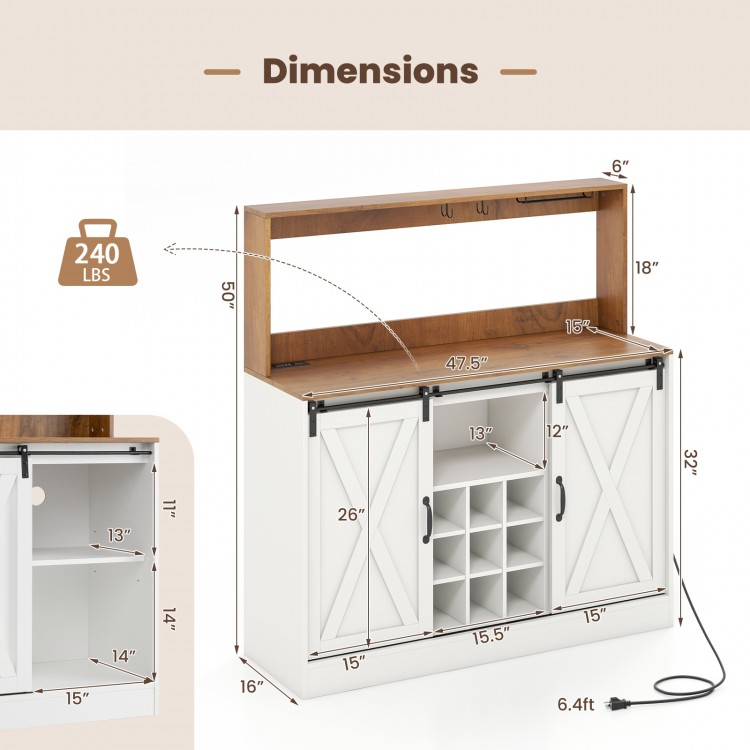 Farmhouse coffee bar cabinet with sliding barn doors, adjustable shelves, and charging station for kitchen or dining.