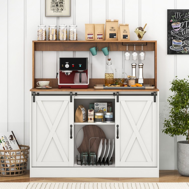 Farmhouse coffee bar cabinet in white with sliding barn doors, adjustable shelves, and charging station for kitchen use.