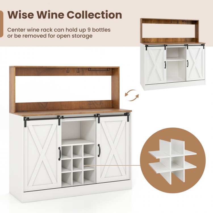 Farmhouse coffee bar cabinet with sliding barn doors, wine rack for 9 bottles, and open storage for kitchen essentials.
