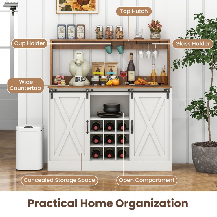 Farmhouse coffee bar cabinet in white with sliding barn doors, wine rack, and charging station for versatile home.