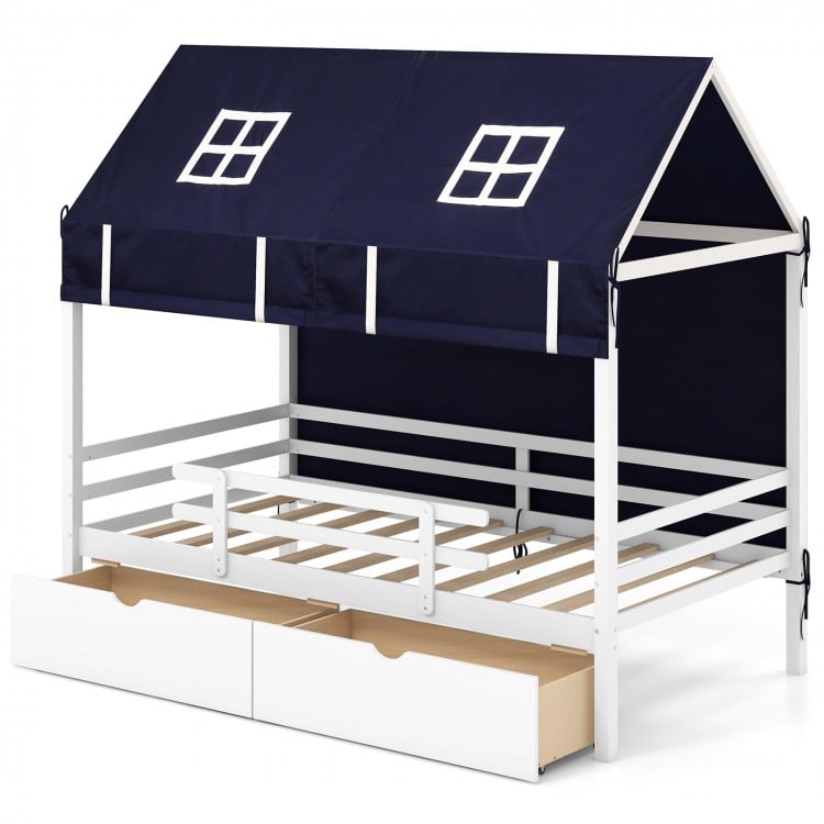 Twin house bed for kids with navy tent and roll-up curtains, featuring two large storage drawers for easy organization.