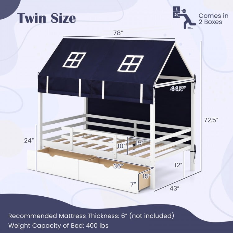 Twin house bed with tent and two storage drawers in white, featuring a solid wood frame and roll-up curtains for kids.