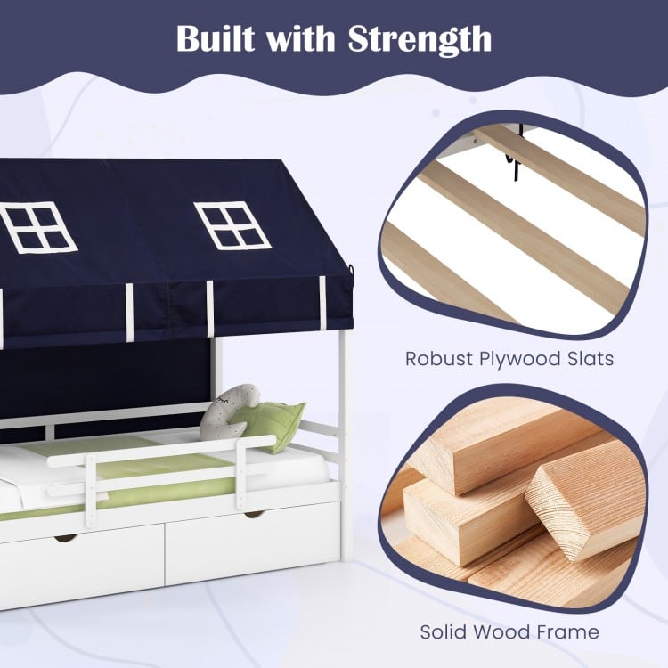 Twin house bed with tent, solid wood frame, and robust plywood slats for kids' themed bedroom and storage organization.