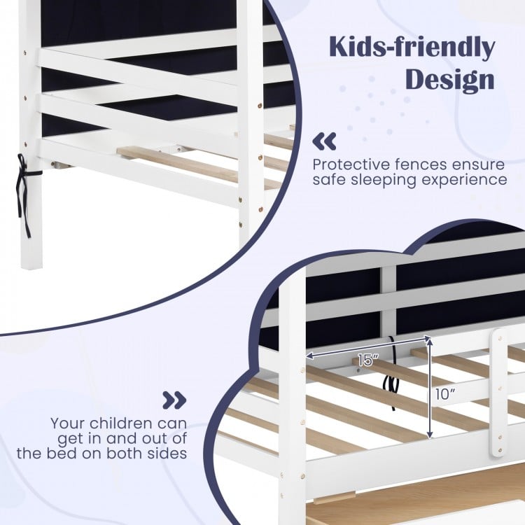 Twin house bed with tent and protective fences, featuring two storage drawers for kids' organization and safety.