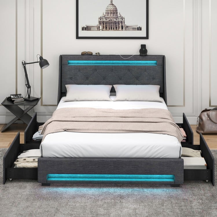 Full size grey bed frame with LED lights, wingback headboard, and four spacious drawers for organized storage.