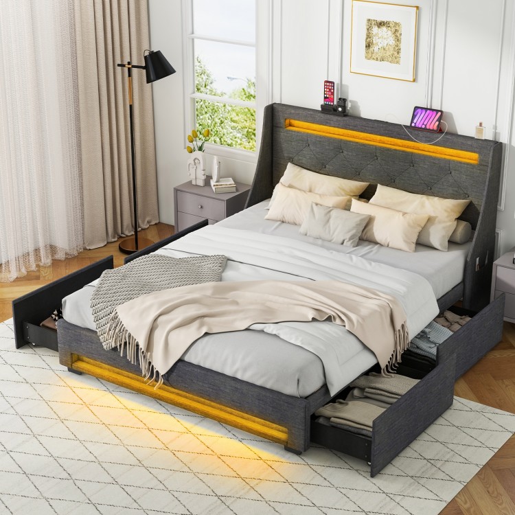 Full size bed frame in grey with LED lights, wingback headboard, and 4 large drawers for organized storage.