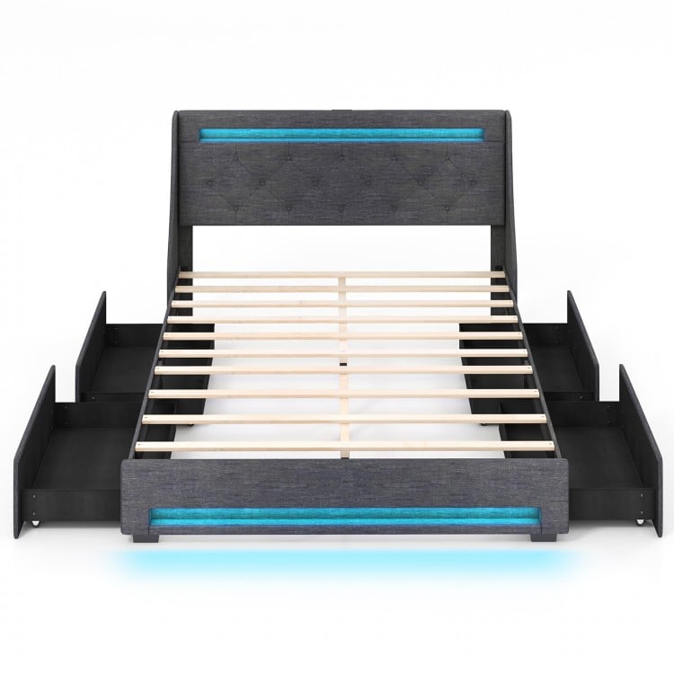 Full size bed frame in grey with LED lights, wingback headboard, and four spacious drawers for organized storage.