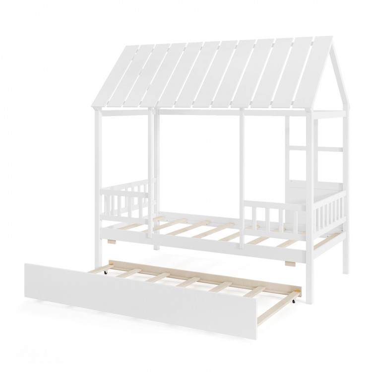 Twin size house bed frame in white with trundle, featuring a roof and decorative window for imaginative kids' spaces.