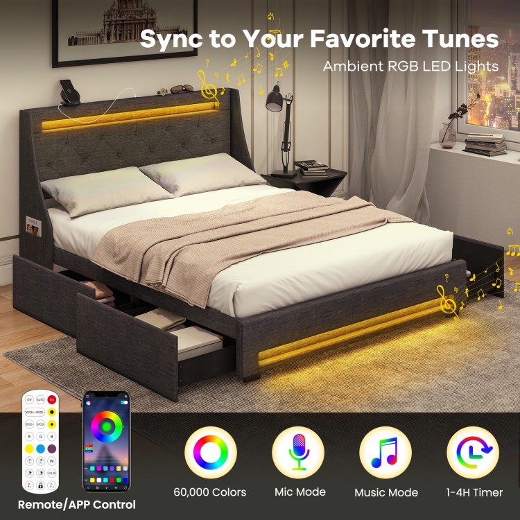 Full size bed frame with ambient LED lights, button-tufted headboard, and multiple power outlets for modern convenience.