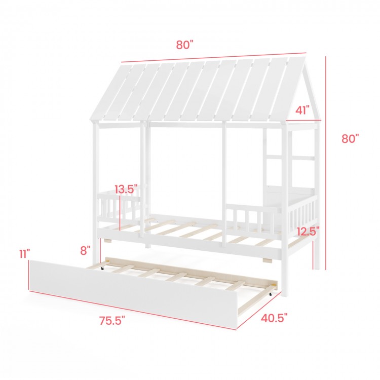 Dimensions of the twin size house bed with trundle in white, featuring a roof and decorative window for kids' spaces.