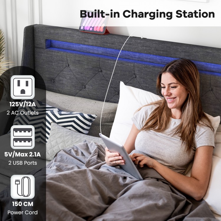 Full size bed frame with LED lights, wingback headboard, and built-in charging station in grey for modern bedrooms.