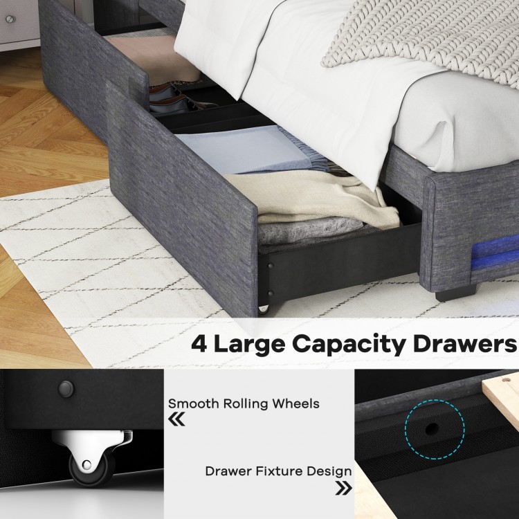 Full size bed frame with grey fabric, featuring 4 large capacity drawers and smooth rolling wheels for easy access.