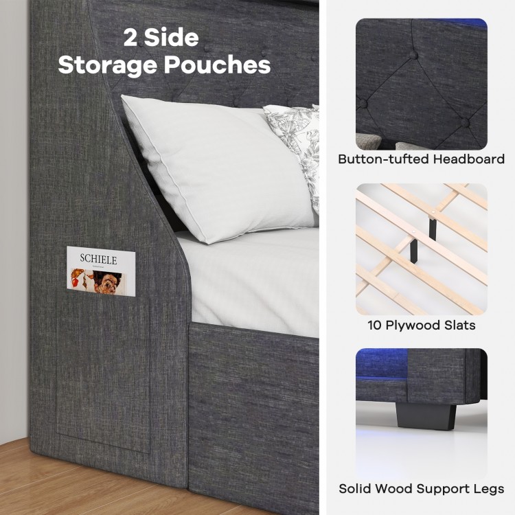 Full size bed frame in grey with button-tufted headboard, LED lights, and side storage pouches for convenience.