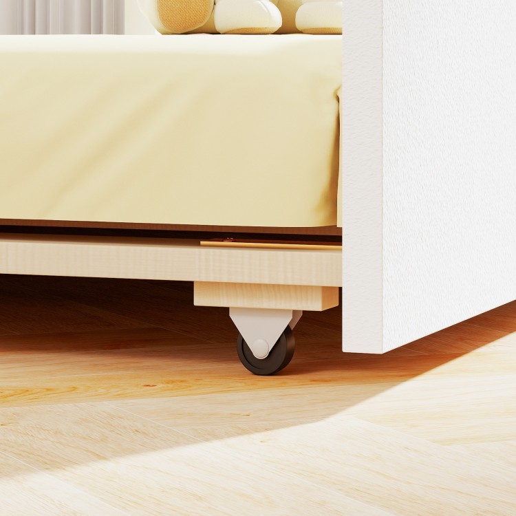 Close-up of the twin size house bed's smooth rolling wheels, featuring a solid wood frame and trundle for kids' rooms.