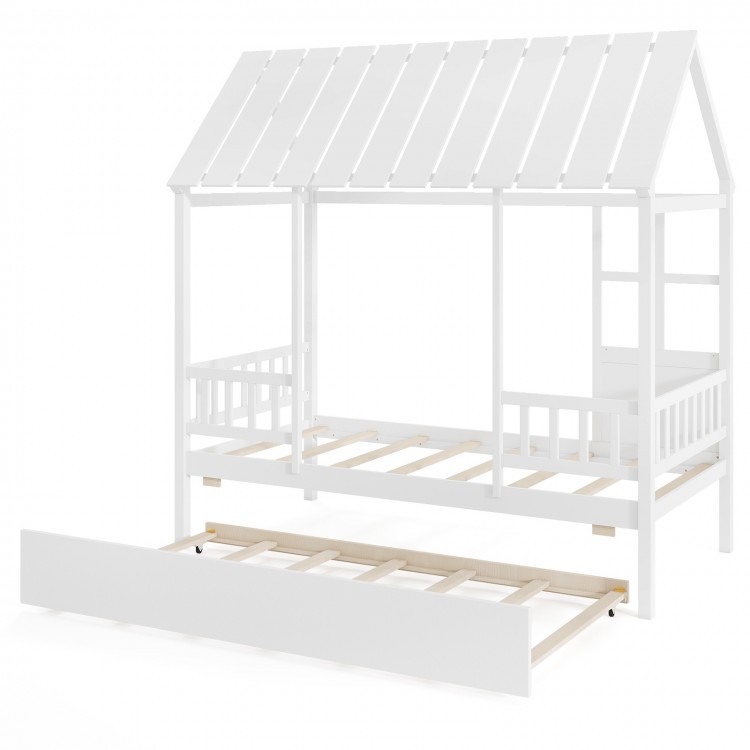 Twin size house bed frame in white with trundle, featuring a roof and decorative window for imaginative kids' rooms.