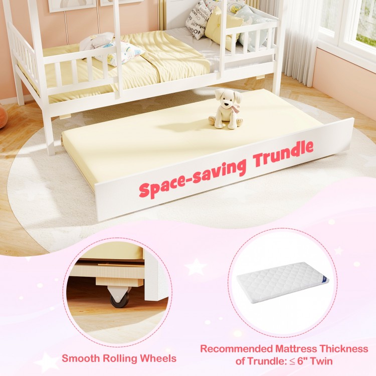Space-saving trundle bed with smooth rolling wheels, designed for twin size house bed, ideal for kids' rooms.