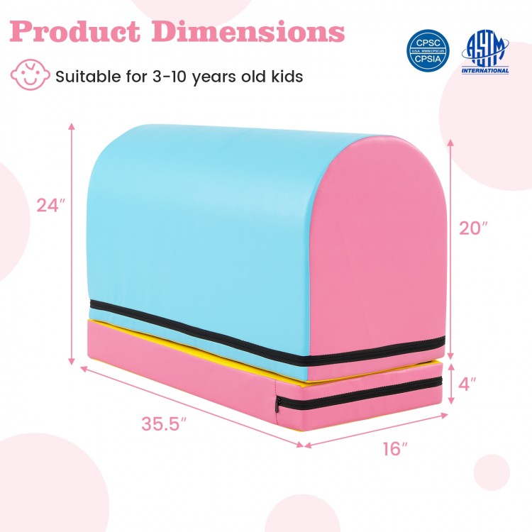 Gymnastics vaulting box in blue and pink, featuring detachable mat, suitable for kids aged 3-10 years old.