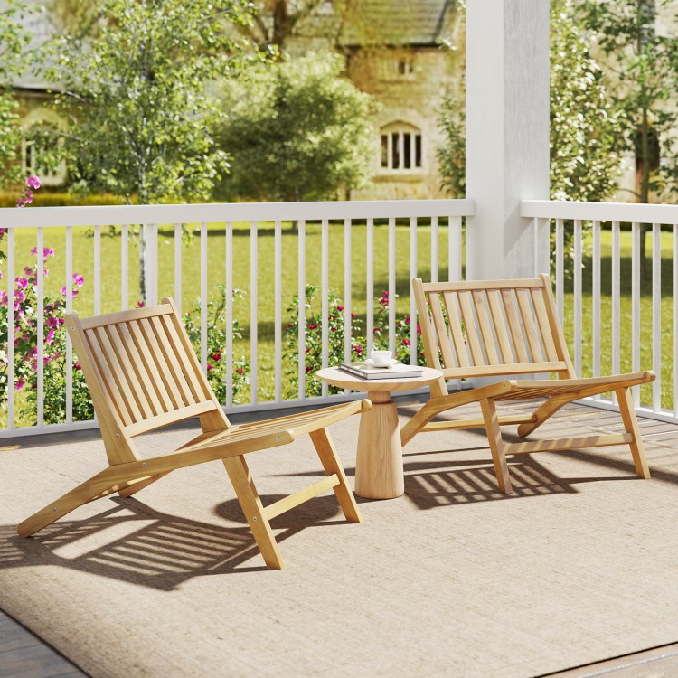 Teak wood outdoor reclining chairs angled for comfort, featuring elegant wood grains, ideal for relaxing in outdoor.