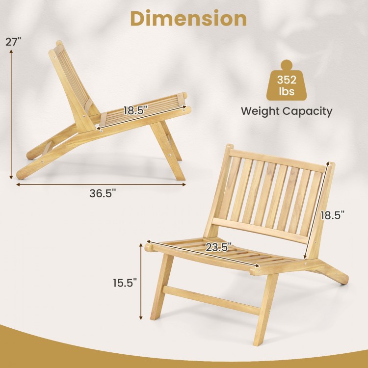 Teak wood outdoor reclining chair dimensions with a comfortable backrest, supports up to 352 lbs for versatile outdoor.