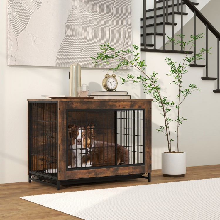 Dog crate furniture with double lockable doors and removable tray, designed as a decorative end table for versatile use.