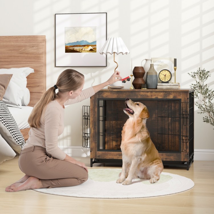 Dog crate furniture with double lockable doors and removable tray, used as an end table in a stylish living room.