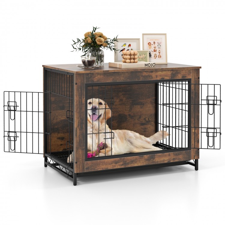 Dog crate furniture with double lockable doors, removable tray, and a durable wood finish, perfect as an end table.