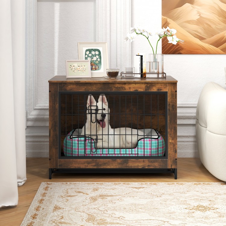 Dog crate furniture with double lockable doors, featuring a removable pull-out tray, suitable as an end table.