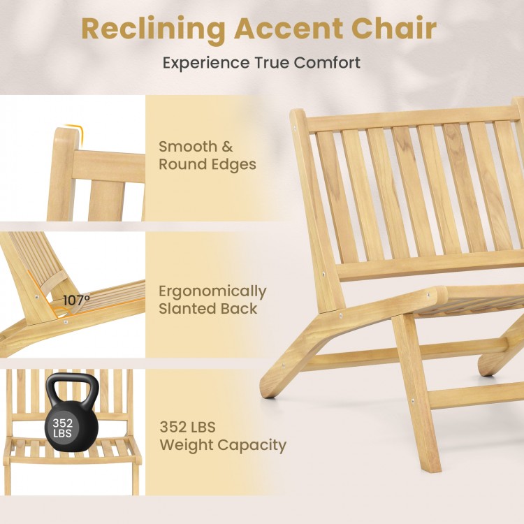 Teak wood outdoor reclining chair with ergonomic backrest, smooth surface, and 352 lbs weight capacity for patio.